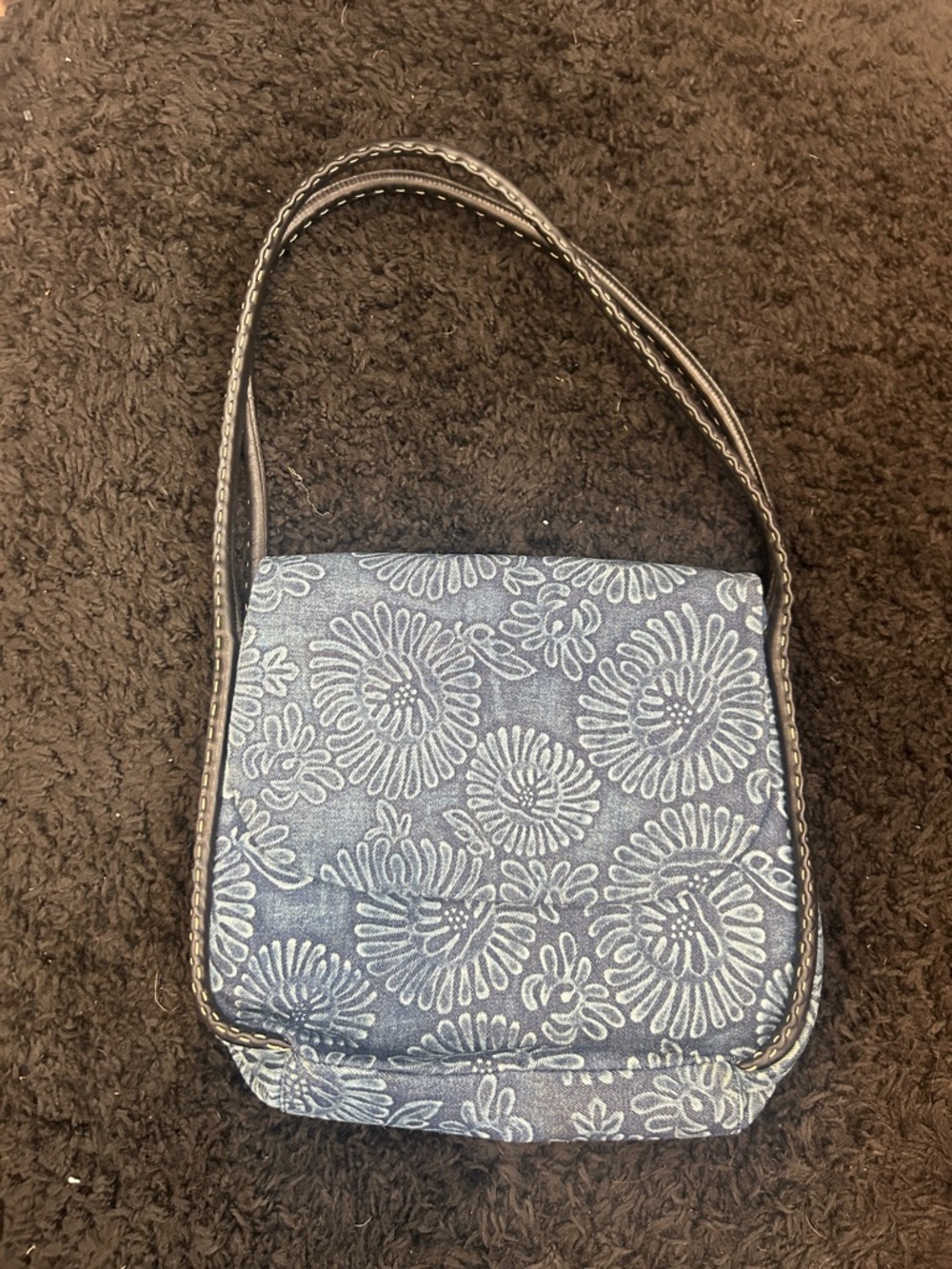 Vintage 1990s Blue denim Floral Bag w/leather straps- amazing condition